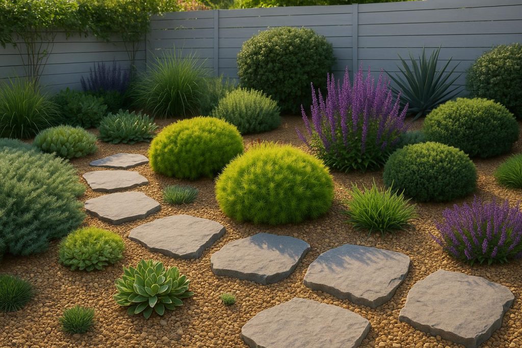 Modern low-maintenance garden with drought-tolerant plants, gravel paths, and easy-care landscaping