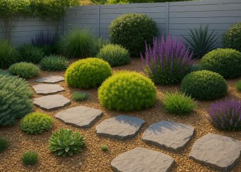 Modern low-maintenance garden with drought-tolerant plants, gravel paths, and easy-care landscaping