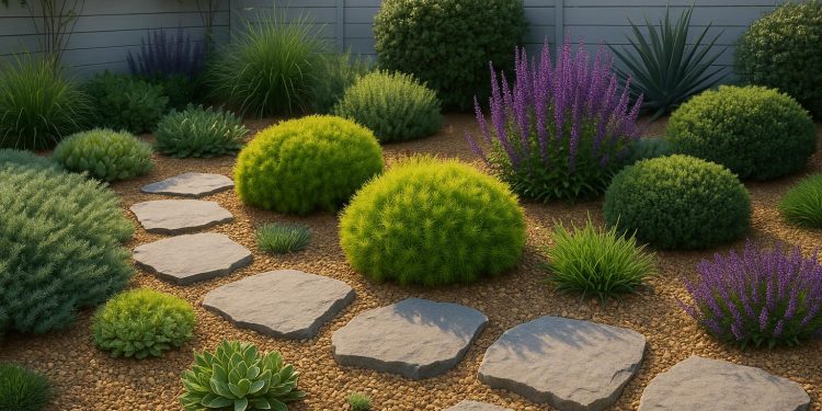 Modern low-maintenance garden with drought-tolerant plants, gravel paths, and easy-care landscaping