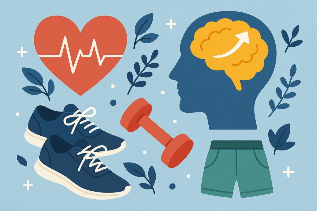 Dumbbells and yoga mat symbolizing daily exercise benefits for mental health improvement