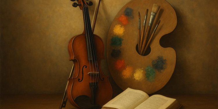 Art philanthropy concept with gallery paintings and donation symbols supporting the arts