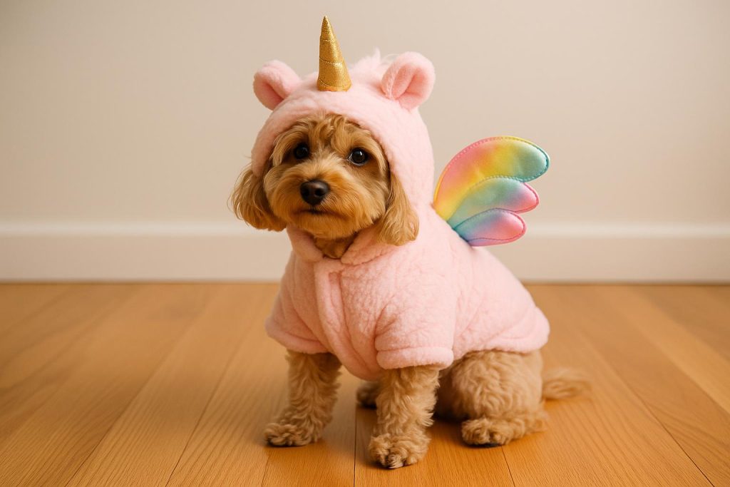 Small dog in a colorful costume with decorative accessories, highlighting fashionable pet outfits