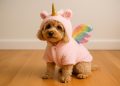 Small dog in a colorful costume with decorative accessories, highlighting fashionable pet outfits