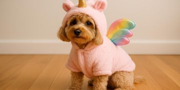 Small dog in a colorful costume with decorative accessories, highlighting fashionable pet outfits