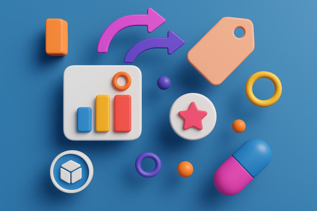 Abstract 3D motion graphics illustrating integration of branding elements with interactive user interfaces