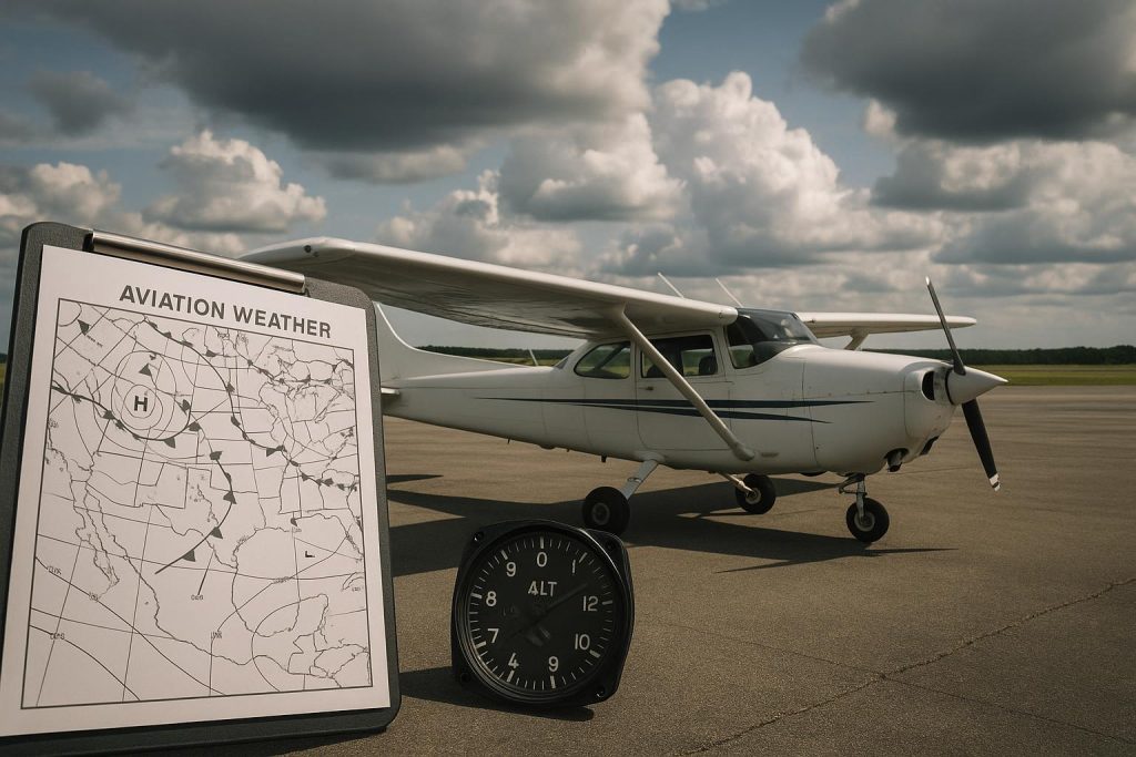 Commercial airplane flying through cloudy sky, illustrating pilot weather decision-making