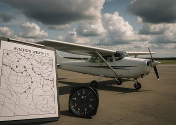 Commercial airplane flying through cloudy sky, illustrating pilot weather decision-making