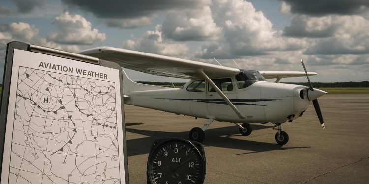 Commercial airplane flying through cloudy sky, illustrating pilot weather decision-making