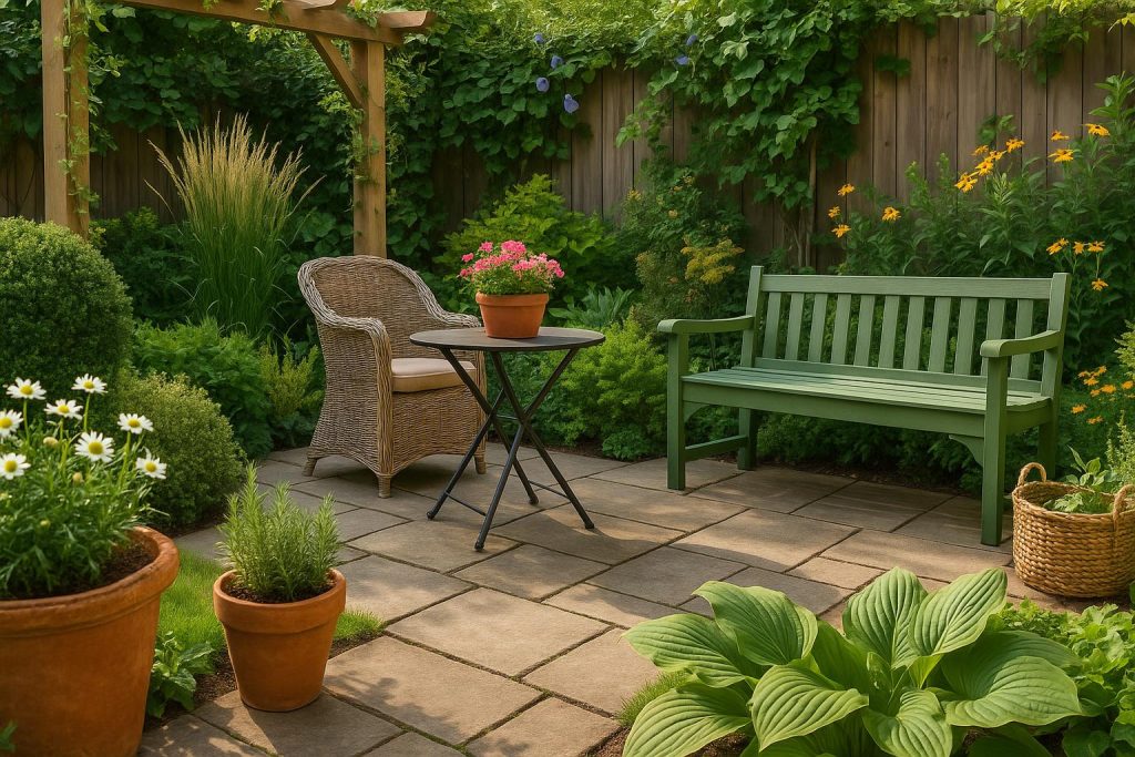 Lush garden with colorful flowers, fresh mulch, and modern outdoor seating for easy updates