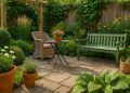 Lush garden with colorful flowers, fresh mulch, and modern outdoor seating for easy updates