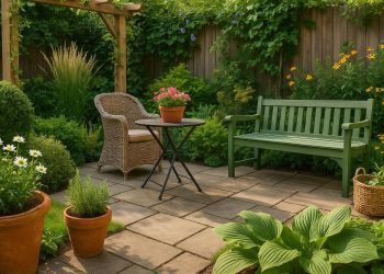 Lush garden with colorful flowers, fresh mulch, and modern outdoor seating for easy updates