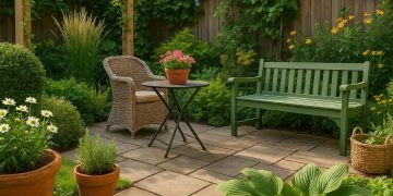 Lush garden with colorful flowers, fresh mulch, and modern outdoor seating for easy updates