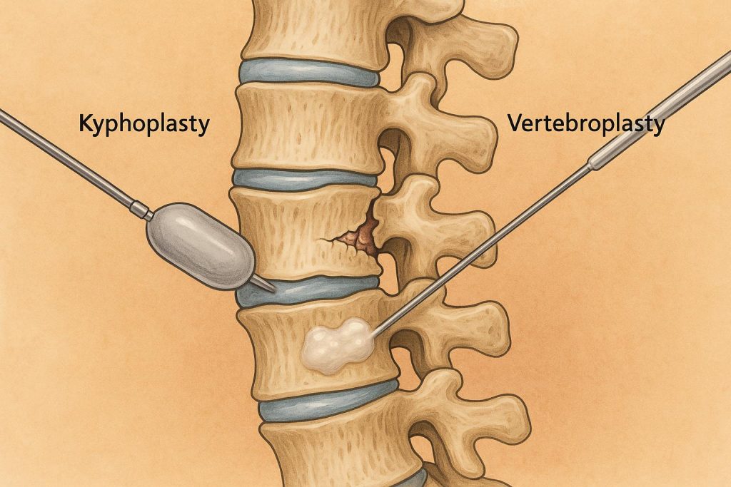 Kyphoplasty and vertebroplasty procedures treating spinal compression fractures in the spine
