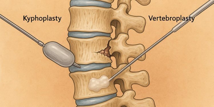 Kyphoplasty and vertebroplasty procedures treating spinal compression fractures in the spine