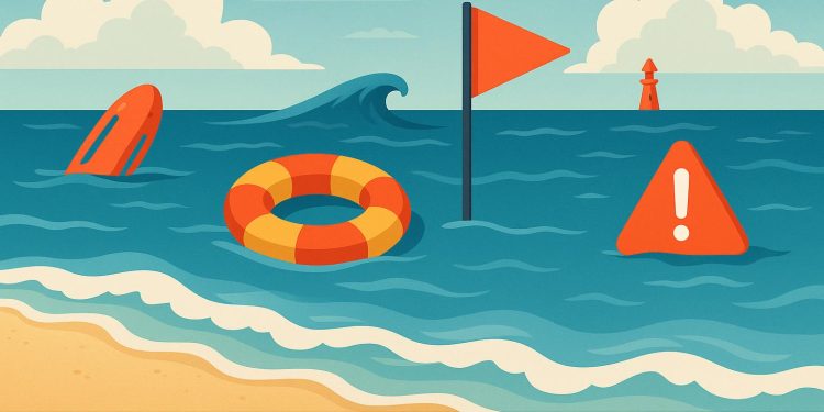 Lifeguard buoy and clear blue ocean illustrating ocean swimming safety tips