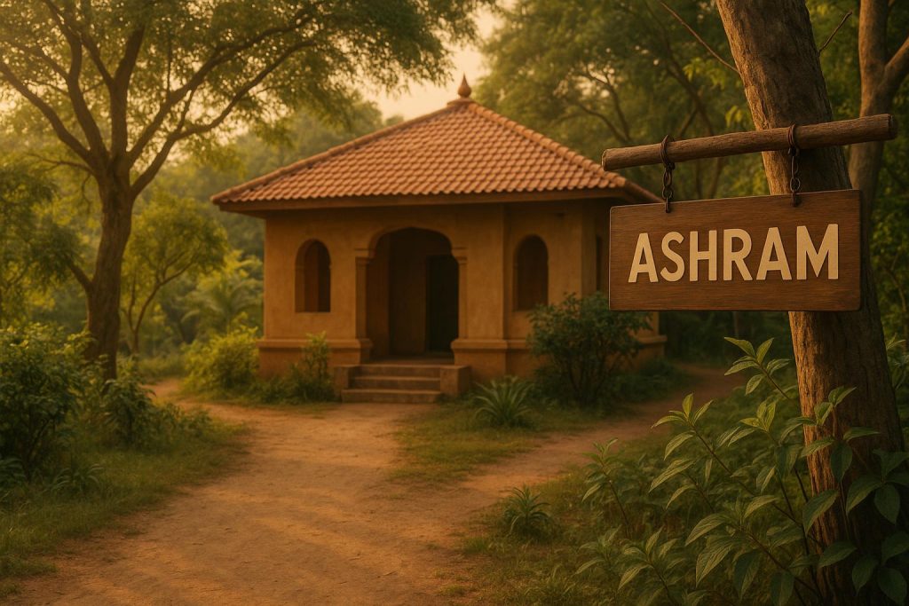Traditional ashram building surrounded by nature, representing spiritual retreat and tranquility
