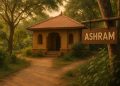 Traditional ashram building surrounded by nature, representing spiritual retreat and tranquility
