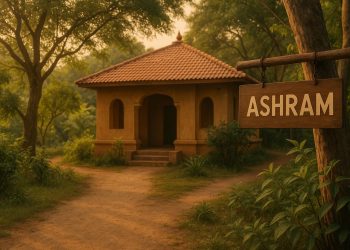 Traditional ashram building surrounded by nature, representing spiritual retreat and tranquility