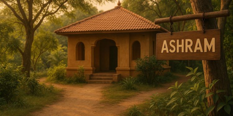 Traditional ashram building surrounded by nature, representing spiritual retreat and tranquility