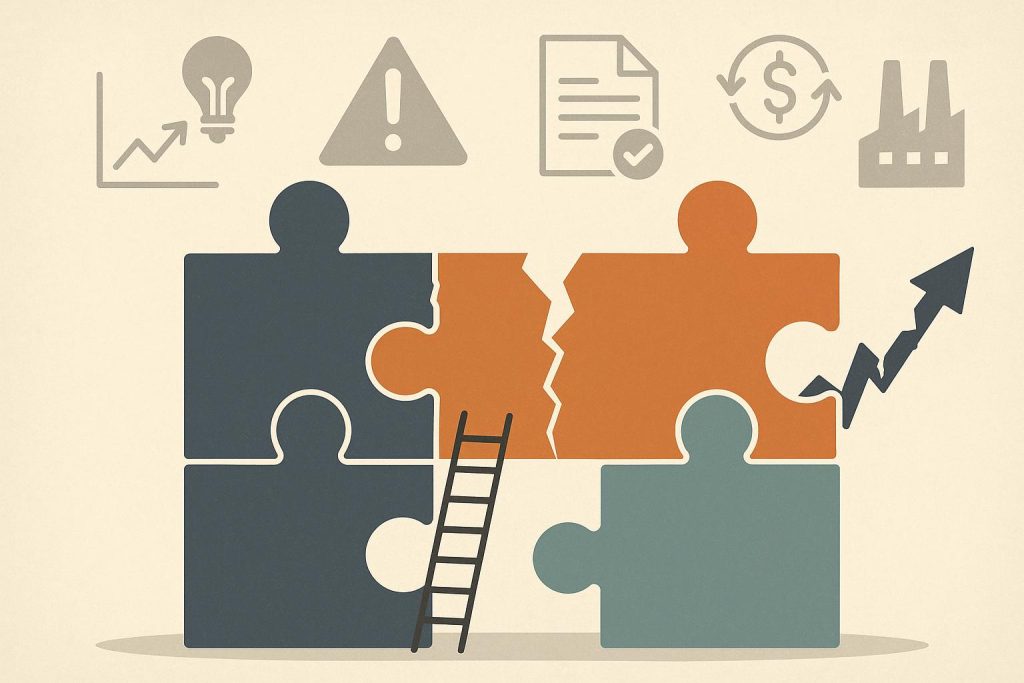 Business ownership transfer challenges concept with charts, documents, and handshake illustration