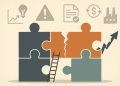 Business ownership transfer challenges concept with charts, documents, and handshake illustration