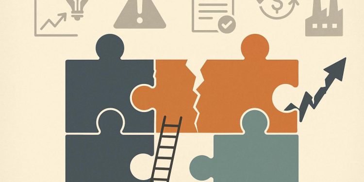 Business ownership transfer challenges concept with charts, documents, and handshake illustration